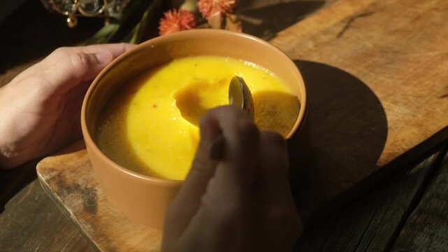 Person eating pumpkin soup. Tradition vegetable cream soup. Thanksgiving dinner in rustic style. Autumn food.