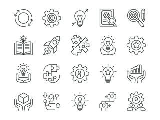 Fototapeta premium Innovation icon set. Containing idea, invention, creativity, concept, startup, agile, prototype, process, visionary and more. Outline icons vector collection. 