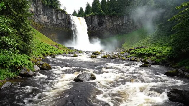 Waterfall cascade flowing over rocks in lush green forest landscape
