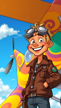 Young aviator standing proudly next to his colorful vintage airplane in sunny blue sky.