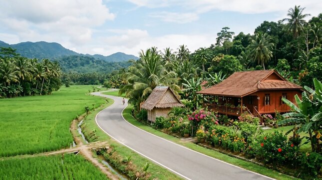 Traditional wooden house by a scenic road in rural Indonesia