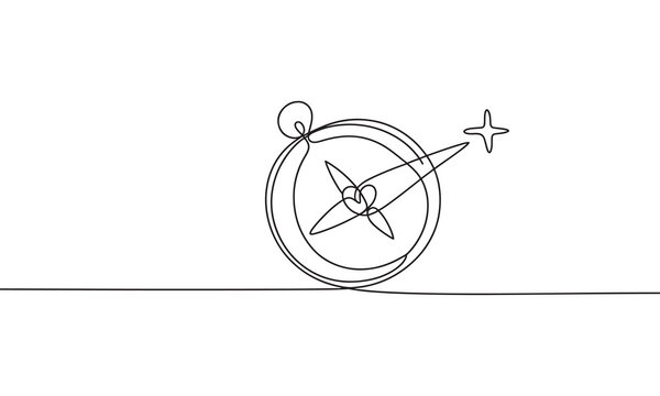 Continuous line of a compass with a star, representing navigation, travel, direction, and exploration, isolated on a white background, minimalist black ink