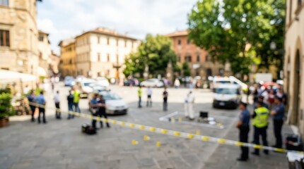 Fototapeta premium blurred crime scene investigation police officers forensic tape emergency vehicles urban square security law enforcement public safety
