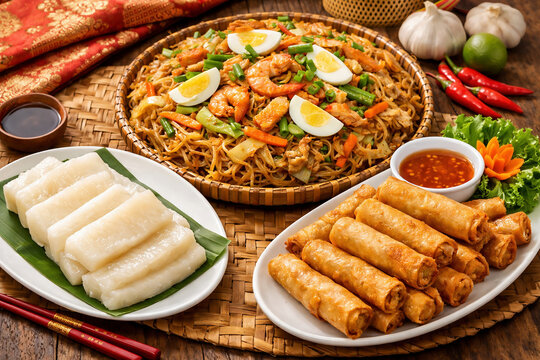 A vibrant spread of traditional Filipino cuisine featuring shrimp pancit, lumpia, and puto rice cakes, beautifully presented for an authentic festive family meal.