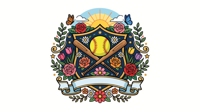Ornate softball emblem with flowers and sun