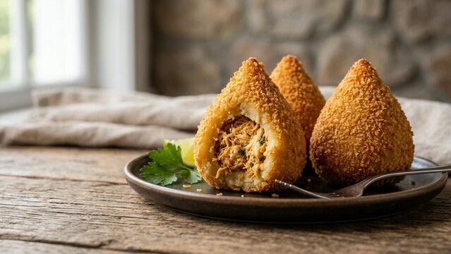 Brazilian chicken coxinha croquettes served on plate showing shredded meat filling on rustic wooden table