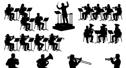 Orchestra Silhouettes, Classical Music Ensemble Vector Set, Musicians Playing Instruments, Conductor Leading Performance, Symphony Band Graphics © Munna