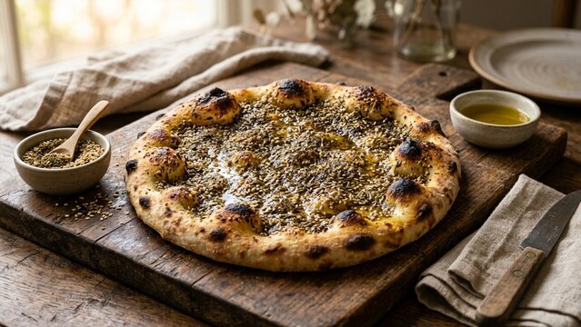 Fresh Zaatar Manakish flatbread resting on a wooden board in a rustic kitchen with natural lighting