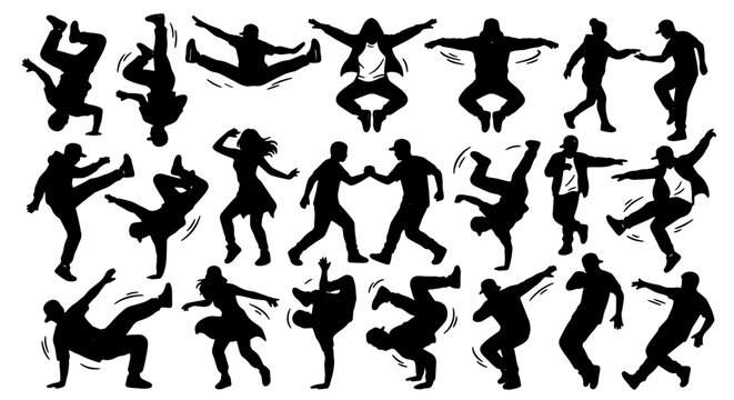 Dynamic Breakdance Silhouettes Collection, Hip Hop Dance Moves Vector Set, Urban Street Dance Figures, Energetic Performance Poses, 25 Elements
