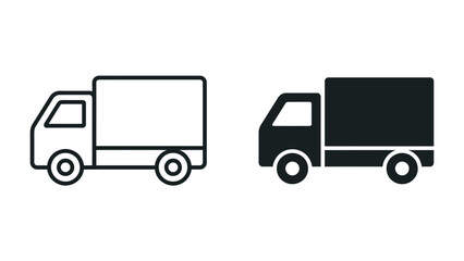 Fototapeta premium Truck Iconography: A set of two truck icons, one outlined and the other solid black, symbolizing delivery, transport, and logistics.