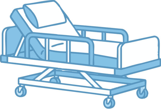 Empty hospital bed with metal frame and wheels shown in a minimalist blue line art style.
