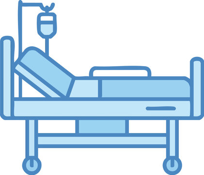 Medical hospital bed with attached intravenous drip equipment in a simplified blue line art style.