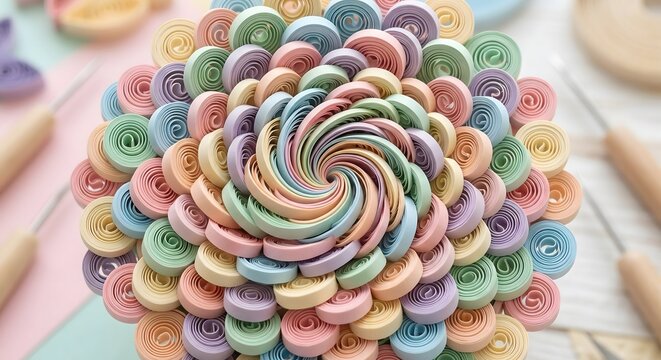 Macro geometric spiral pattern of tightly coiled paper quilling strips