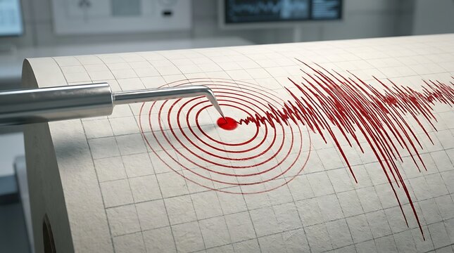 Seismograph recording intense seismic activity on paper graph roll with activity