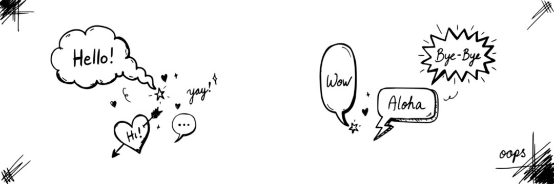 Speech Bubbles with Doodle Text and Symbols in a Sketch Style Featuring Hand-Drawn, Illustration, Cartoon with Communication