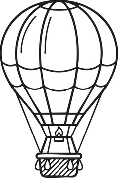 Simple line drawing of a hot air balloon with basket and flame detail depicted in a minimalist black-and-white style.