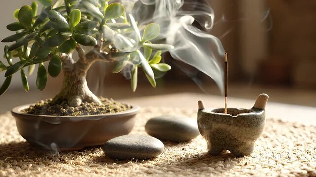 Serene Bonsai Jade Plant with Incense Smoke and Smooth Stones - A tranquil still life scene features a small bonsai jade plant in a ceramic pot, with a lit incense stick emitting wisps of smoke.
