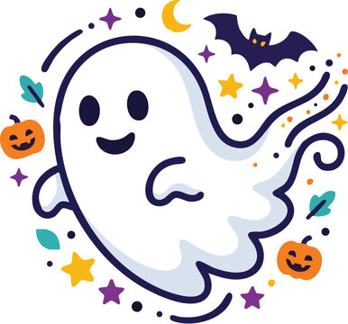 A cheerful cartoon ghost celebrating Halloween with jack-o'-lanterns, bats, stars, and autumn leaves in a festive illustration.