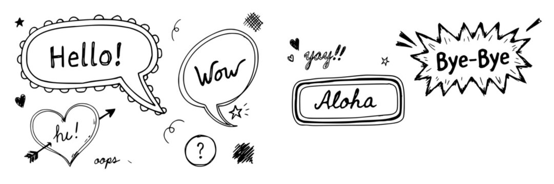 Speech Bubbles with Words Hello Wow Aloha and Bye-Bye in Hand-Drawn Doodle Style Featuring Illustration, Text, Greeting