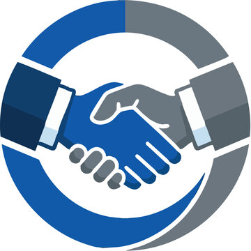Two business professionals shaking hands within a circular corporate identity badge symbolizing partnership and agreement.