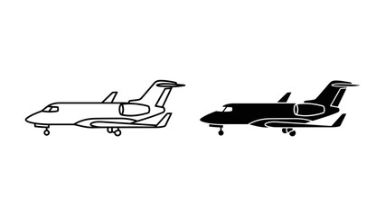 Dual Tone Jet: A comparison of a white outline and a black silhouette of a modern private jet, showcasing its sleek design and aviation elegance. © Mdhd