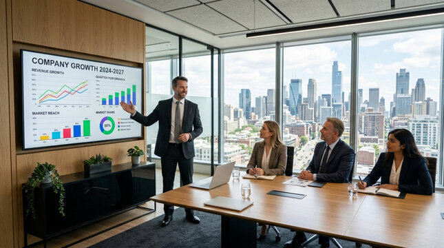 Business presentation: Company growth charts on screen with team in modern office