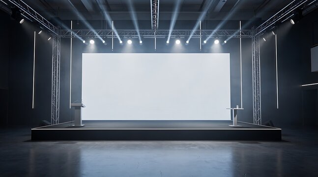 Modern Stage with Large Screen and Spotlights for Presentation.
