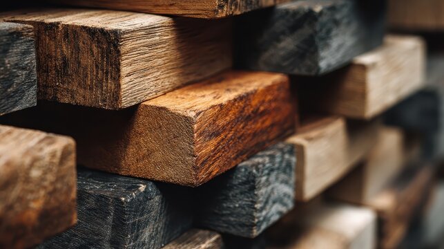 Stacked wooden blocks, featuring various natural wood tones. Ideal for rustic textures, backgrounds, and woodworking concepts.