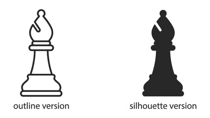 Chess Bishop Icon: A clear visual representation of a chess bishop piece, presented in both an outline and a silhouette version, ready for design use. © Mdhd