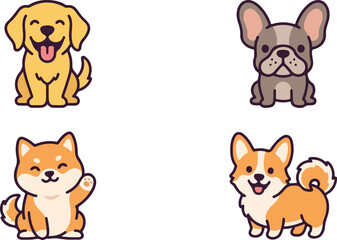Fototapeta premium Four cartoon dog breeds in silhouette on transparent background dogs