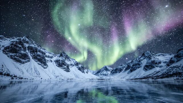 Aurora Borealis Lights Dancing Above Snowy Mountain Peaks and Icy Lake - A spectacular display of the Aurora Borealis lights, in vibrant green and purple hues, dances across a star-filled night sky