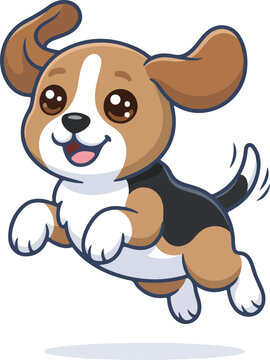 Cartoon beagle puppy jumping in mid air vector illustration on transparent background silhouette