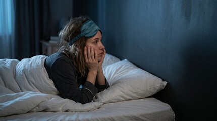 Obraz premium Woman with sleep mask lying awake in bed at night. Girl suffering from insomnia or anxiety in bedroom. Mental health, stress and sleep disorder concept.