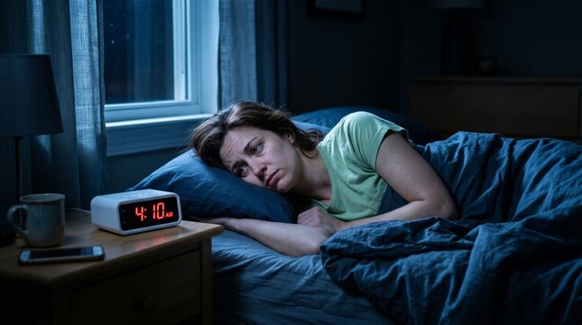 Woman suffering from insomnia lying in bed and looking at digital clock late at night.