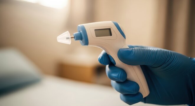 Close-up of hand in blue medical glove holding digital non-contact thermometer for temperature check indoors