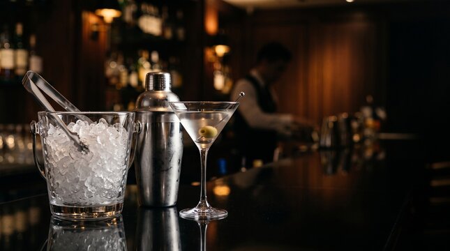 Glass bucket with ice and tongs next to cocktail shaker and martini drink on bar counter. Professional bartender in background