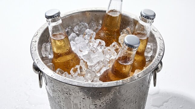 Glass bottles of beer in metal bucket filled with ice cubes. Chilled alcoholic beverage for summer party and celebration.