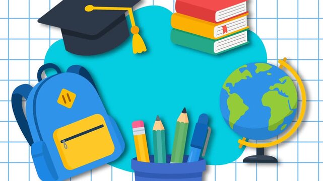 Back to School Cartoon Animation with School Supplies and Globe.