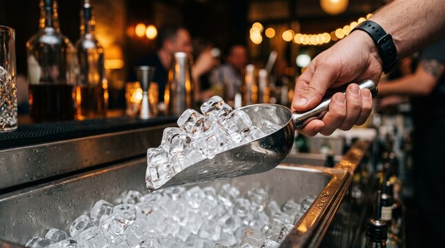 Bartender holding metal scoop with ice cubes over ice well at bar counter. Professional mixing process in club or restaurant. Nightlife beverage preparation