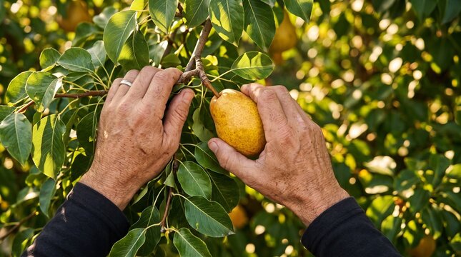 Man picking fresh ripe pear from tree branch in orchard. Farmer harvesting organic fruit in sunny garden.