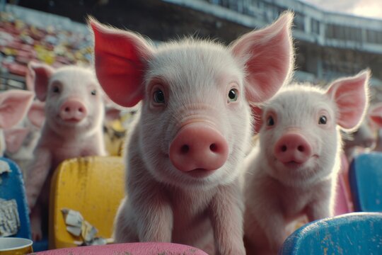 Three adorable pigs cheerfully enjoying a lively sporting event from the stands in brightly colored seats capturing the fun atmosphere of the occasion. Generative AI