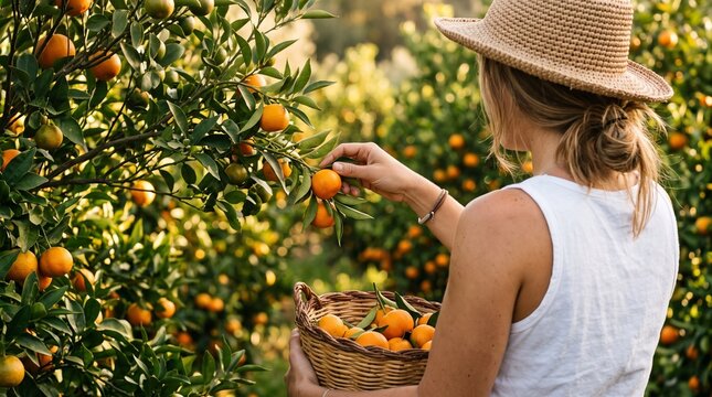 Woman farmer harvesting fresh tangerines from tree in sunny garden. Girl gathering ripe citrus fruits in wicker basket during autumn harvest season.
