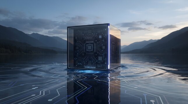 Glass cube with circuit board on water surface at dusk