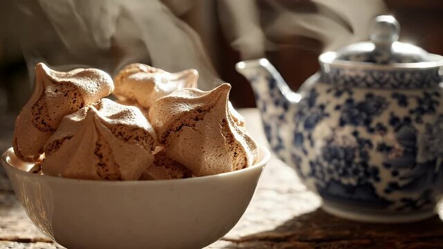 Steaming Teapot and Meringue Cookies in Bowl - A white bowl filled with sweet brown meringue cookies sits on a rustic wooden surface next to a traditional blue and white patterned teapot.