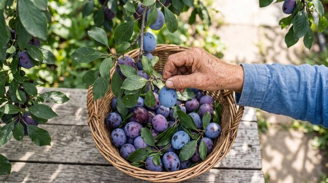 Elderly hand picking ripe blue plum from tree into woven basket in orchard. Farmer harvesting fresh organic fruit.