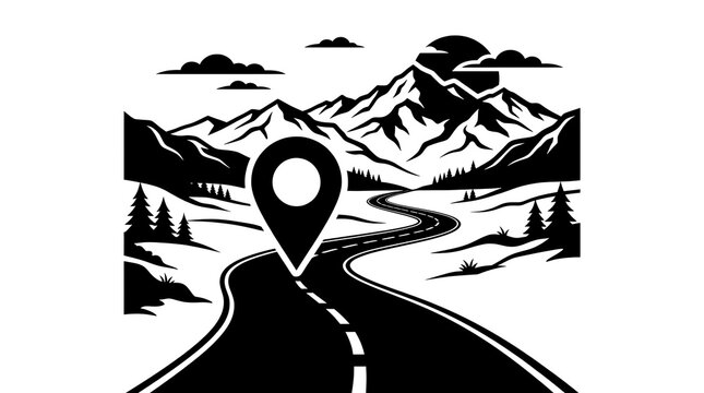 Map pin on winding mountain road illustration