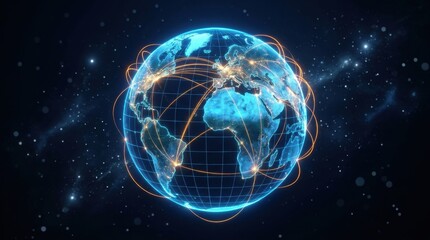 Fototapeta premium Futuristic digital planet Earth with global network connections, luminous data lines, and glowing communication routes in dark outer space for worldwide internet and business tech concepts.