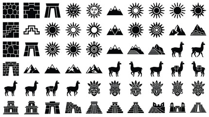 Collection of 60 black silhouette icons representing Inca culture, featuring sun symbols, Andean llamas, mountain peaks, ancient stone architecture, tribal masks, and temple structures on white. © VectorSuka