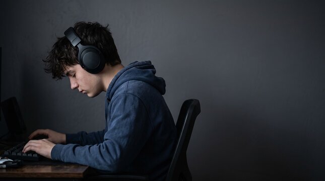 Man sitting at computer with headphones playing video games and falling asleep. Teenager addicted to gaming screen late at night.