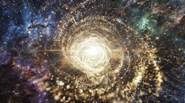 Swirling Cosmic Particle Vortex in Deep Space - A vibrant and energetic vortex of glowing particles swirls through a deep cosmic space background filled with stars and nebulous clouds.